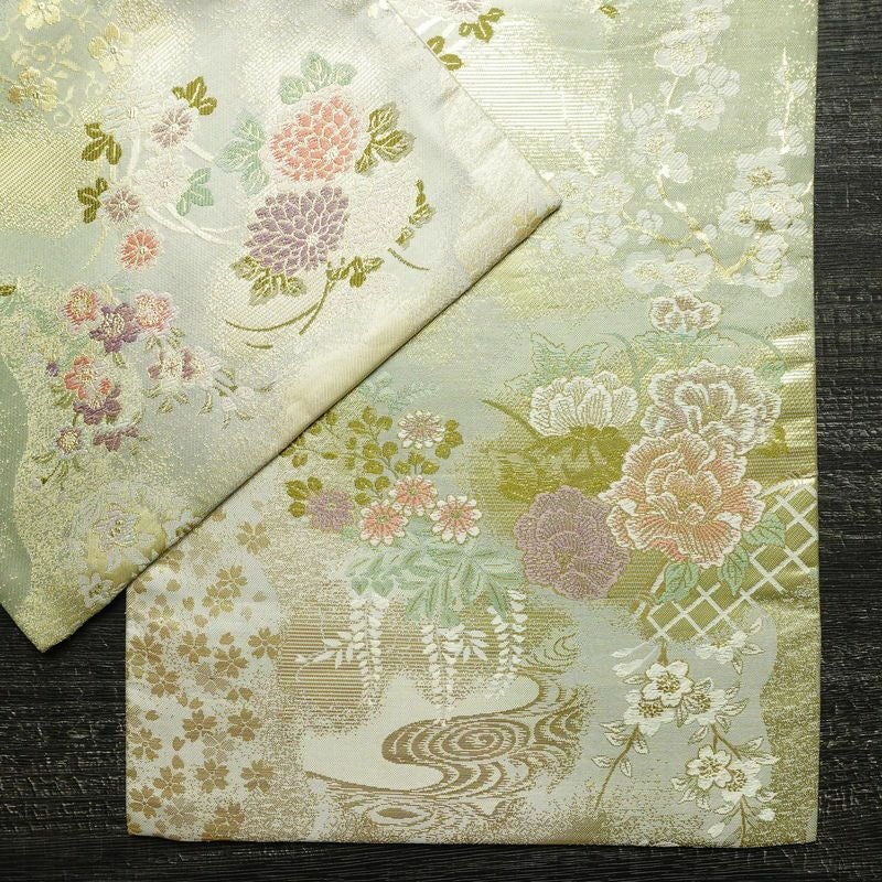 袋帯 六通柄 フォーマル用 正絹 花柄 箔 金糸 帯 緑・うぐいす色_画像13
