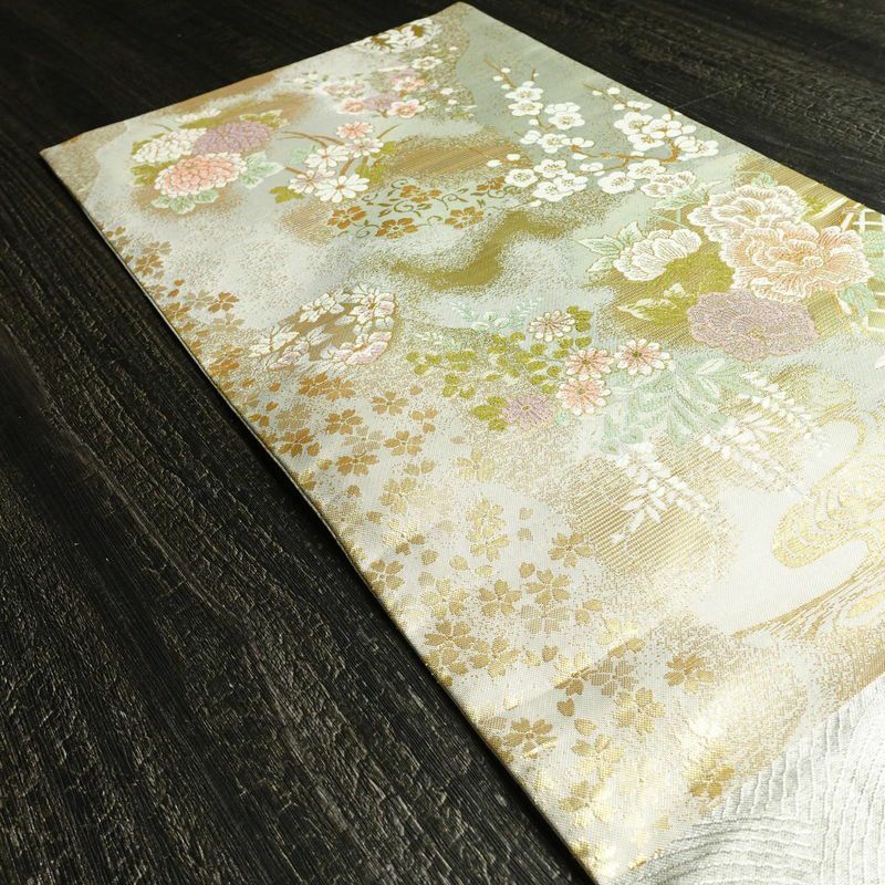 袋帯 六通柄 フォーマル用 正絹 花柄 箔 金糸 帯 緑・うぐいす色_画像18