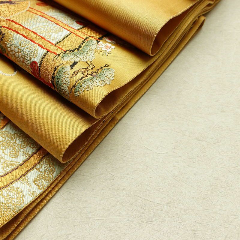 袋帯 本金 手織引箔 太鼓柄 フォーマル用 正絹 風景柄 箔 金糸 帯 黄・黄土色_画像19