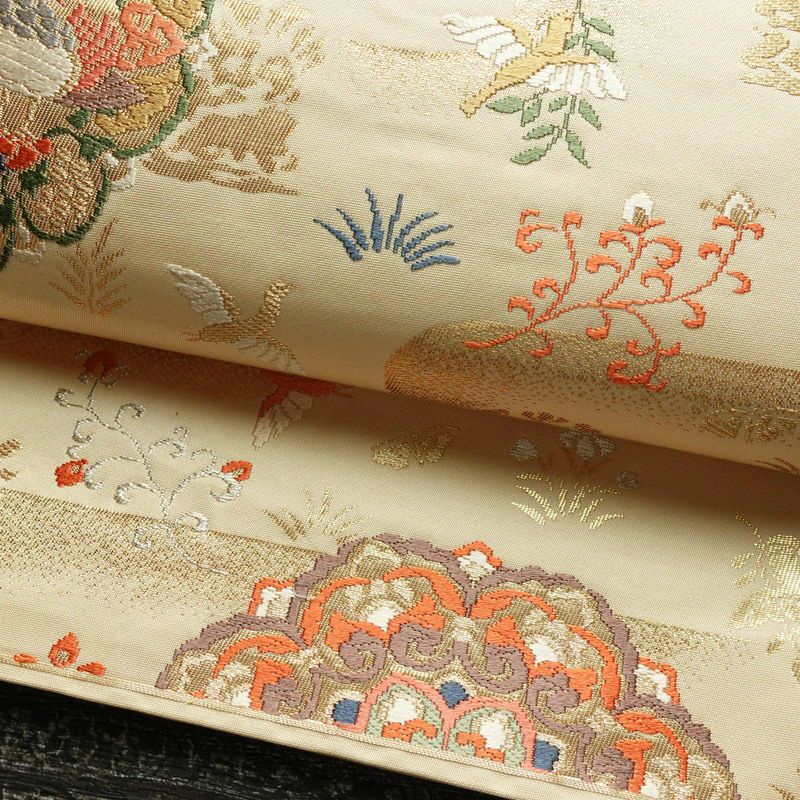 袋帯 六通柄 フォーマル用 正絹 幾何学柄・抽象柄 箔 金糸 帯 ベージュ_画像6