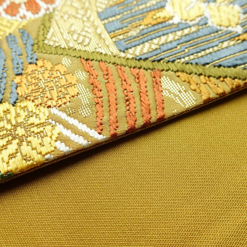 袋帯 六通柄 フォーマル用 正絹 古典柄 箔 金糸 帯 黄・黄土色_画像12