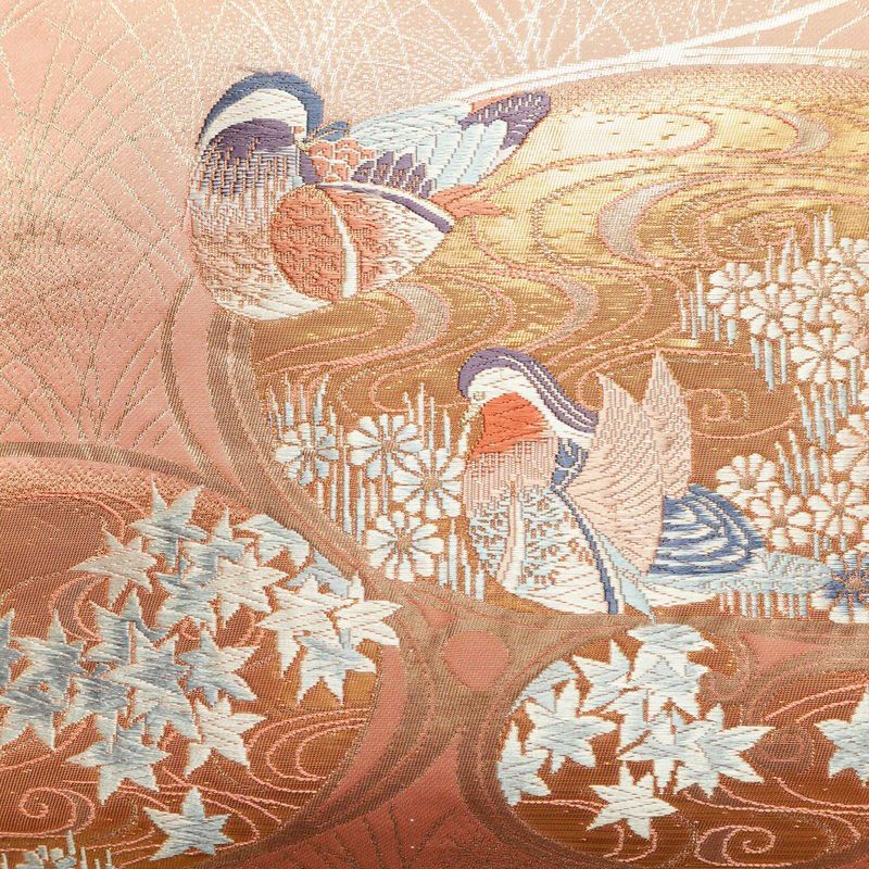 名古屋帯 本金箔 二重織 太鼓柄 正絹 人物・動物柄 名古屋仕立て 箔 金糸 帯 ピンク_画像2