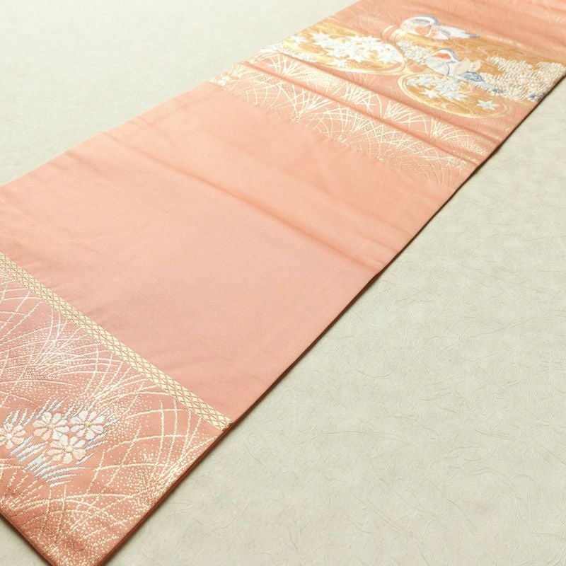 名古屋帯 本金箔 二重織 太鼓柄 正絹 人物・動物柄 名古屋仕立て 箔 金糸 帯 ピンク_画像7