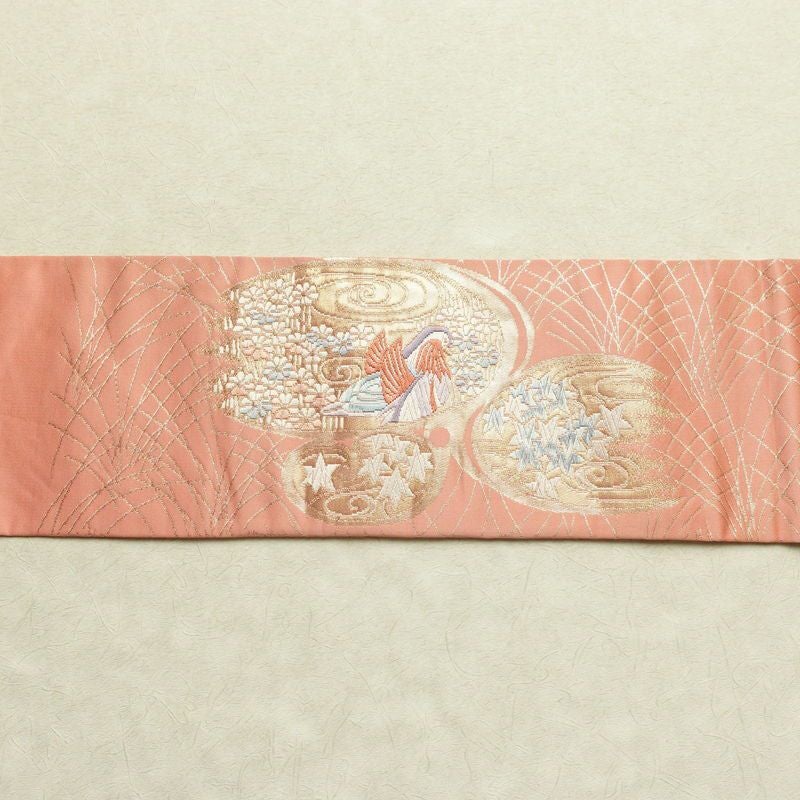 名古屋帯 本金箔 二重織 太鼓柄 正絹 人物・動物柄 名古屋仕立て 箔 金糸 帯 ピンク_画像10