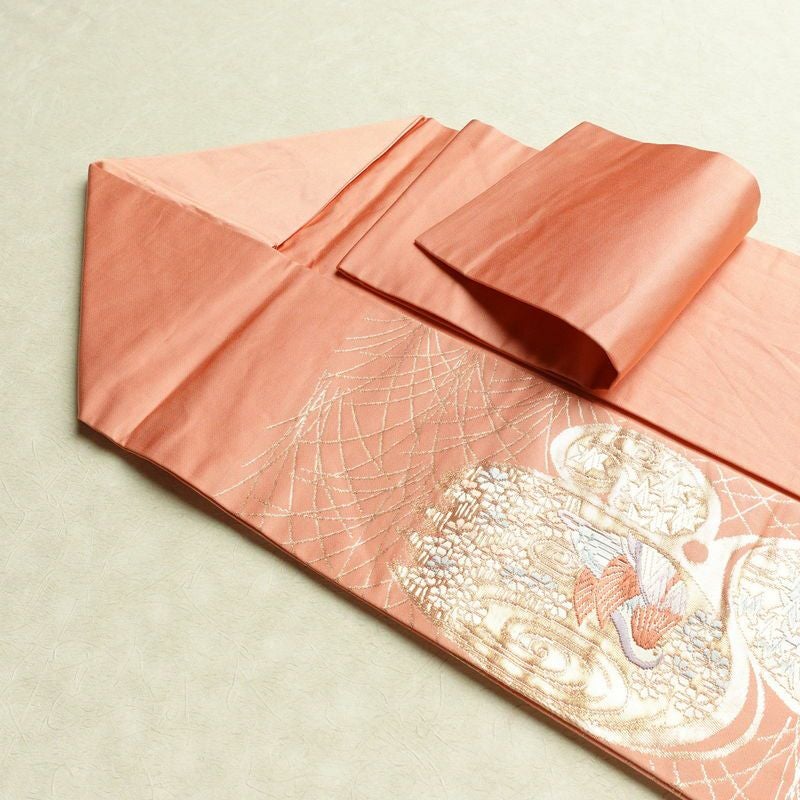 名古屋帯 本金箔 二重織 太鼓柄 正絹 人物・動物柄 名古屋仕立て 箔 金糸 帯 ピンク_画像21