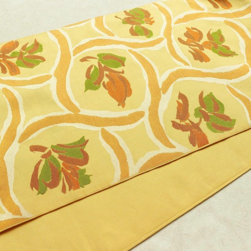 袋帯 六通柄 一般用 正絹 花柄 帯 黄・黄土色_画像9