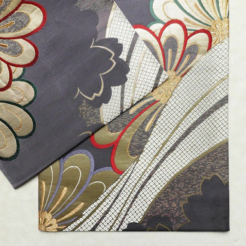 袋帯 六通柄 振袖用 正絹 花柄 箔 金糸 帯 紫・藤色_画像14