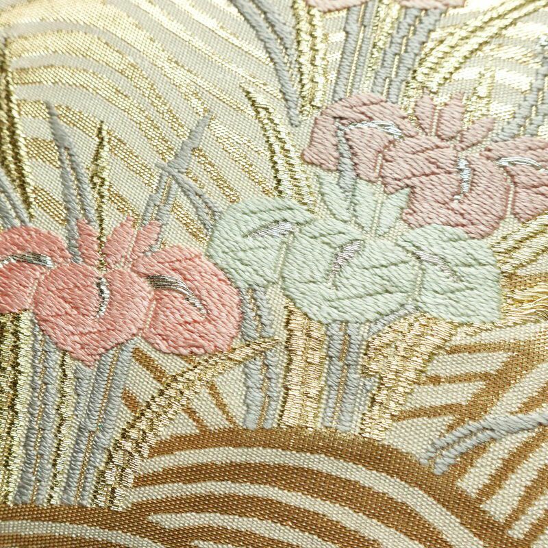 袋帯 太鼓柄 フォーマル用 正絹 人物・動物柄 箔 金糸 銀糸 帯 銀通し 菖蒲 クリーム_画像3