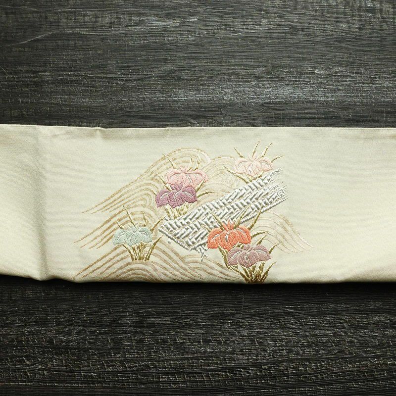 袋帯 太鼓柄 フォーマル用 正絹 人物・動物柄 箔 金糸 銀糸 帯 銀通し 菖蒲 クリーム_画像14