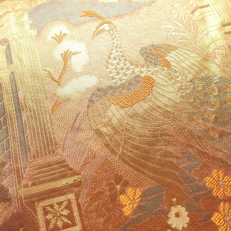 袋帯 ブルボン懐古 純金箔 手織二重箔 六通柄 フォーマル用 正絹 風景柄 箔 金糸 帯 ピンク サーモンピンク_画像3