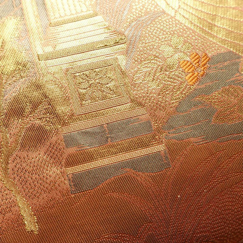 袋帯 ブルボン懐古 純金箔 手織二重箔 六通柄 フォーマル用 正絹 風景柄 箔 金糸 帯 ピンク サーモンピンク_画像7