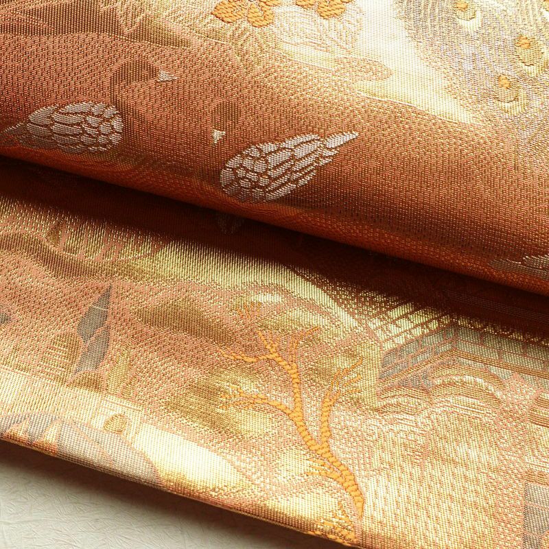 袋帯 ブルボン懐古 純金箔 手織二重箔 六通柄 フォーマル用 正絹 風景柄 箔 金糸 帯 ピンク サーモンピンク_画像8