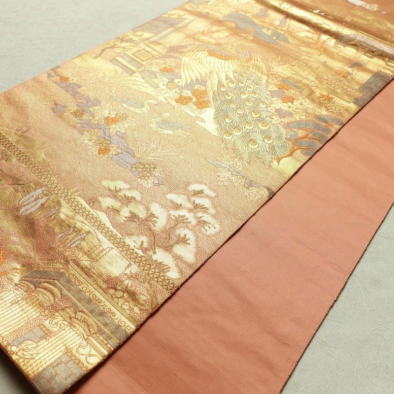 袋帯 ブルボン懐古 純金箔 手織二重箔 六通柄 フォーマル用 正絹 風景柄 箔 金糸 帯 ピンク サーモンピンク_画像9