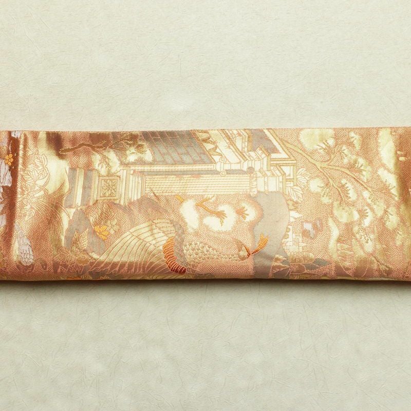 袋帯 ブルボン懐古 純金箔 手織二重箔 六通柄 フォーマル用 正絹 風景柄 箔 金糸 帯 ピンク サーモンピンク_画像14
