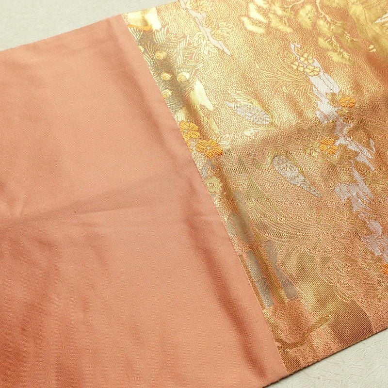 袋帯 ブルボン懐古 純金箔 手織二重箔 六通柄 フォーマル用 正絹 風景柄 箔 金糸 帯 ピンク サーモンピンク_画像17