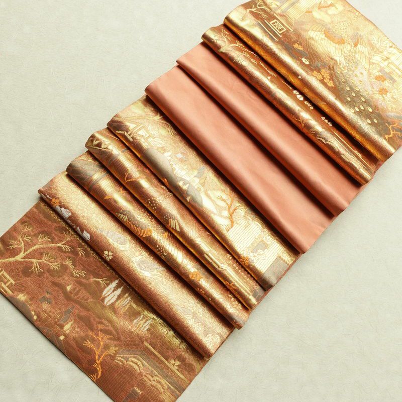袋帯 ブルボン懐古 純金箔 手織二重箔 六通柄 フォーマル用 正絹 風景柄 箔 金糸 帯 ピンク サーモンピンク_画像21
