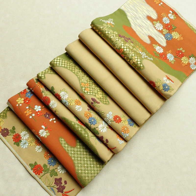 袋帯 六通柄 フォーマル用 正絹 花柄 箔 菊 金糸 帯 黄・黄土色_画像21