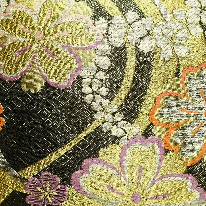 袋帯 六通柄 振袖用 正絹 花柄 桜 箔 金糸 帯 黒_画像2