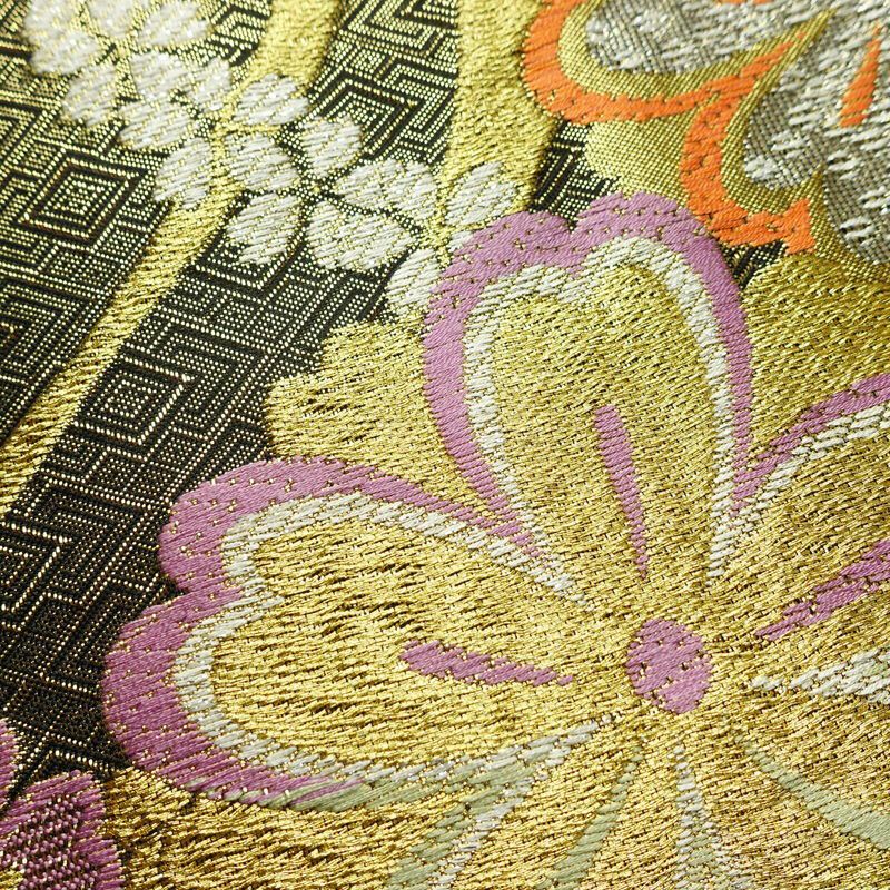 袋帯 六通柄 振袖用 正絹 花柄 桜 箔 金糸 帯 黒_画像3