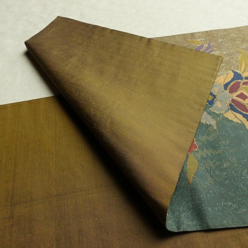 袋帯 六通柄 フォーマル用 正絹 花柄 箔 帯 黄・黄土色_画像9