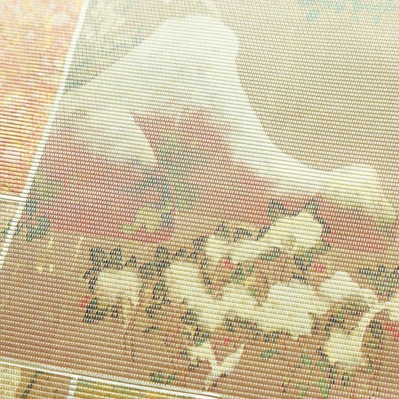 名古屋帯 伝統工芸士 山野忠雄 太鼓柄 正絹 風景柄 名古屋仕立て 箔 帯 クリーム_画像4