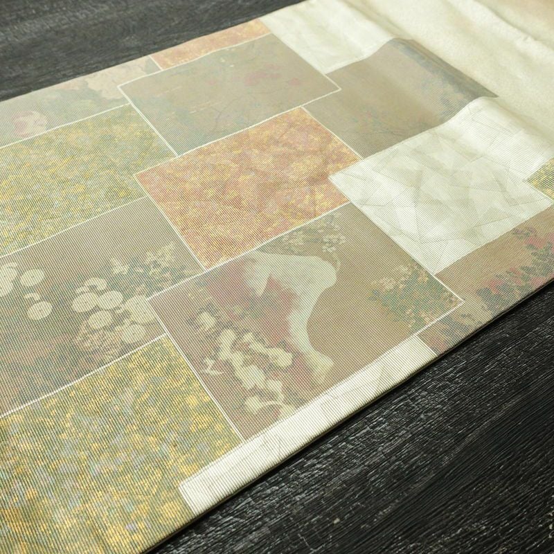 名古屋帯 伝統工芸士 山野忠雄 太鼓柄 正絹 風景柄 名古屋仕立て 箔 帯 クリーム_画像12