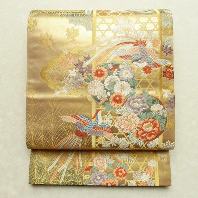 袋帯 本金箔九百錦 献上彩花輪 六通柄 フォーマル用 正絹 古典柄 箔 金糸 帯 金・銀