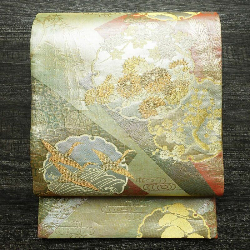 袋帯 六通柄 良品 フォーマル用 正絹 古典柄 箔 金糸 帯 緑・うぐいす色_画像1
