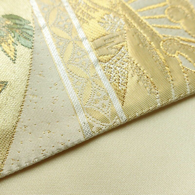 袋帯 純金箔 六通柄 良品 フォーマル用 正絹 箔 金糸 帯 クリーム_画像12