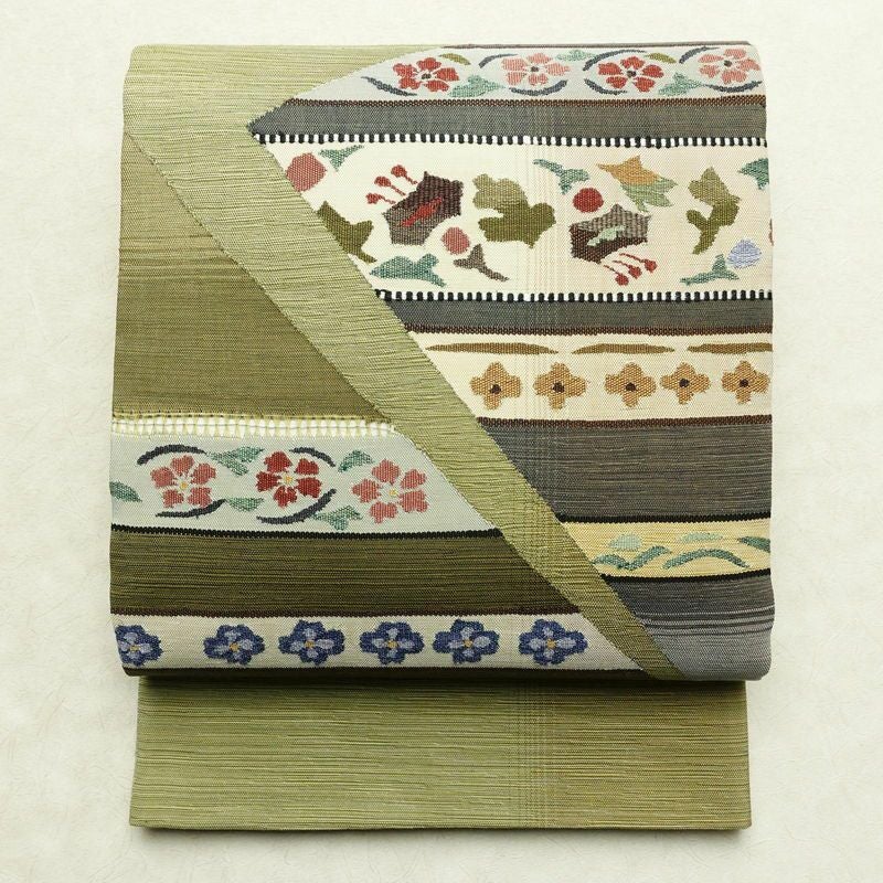 袋帯 太鼓柄 良品 一般用 正絹 花柄 帯 緑・うぐいす色_画像1