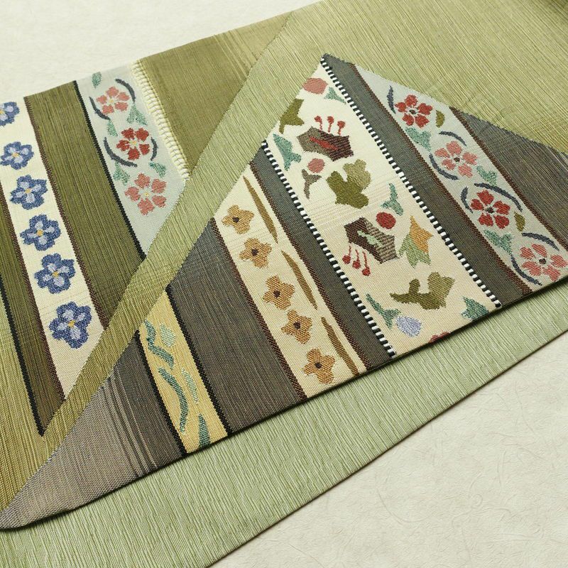 袋帯 太鼓柄 良品 一般用 正絹 花柄 帯 緑・うぐいす色_画像11