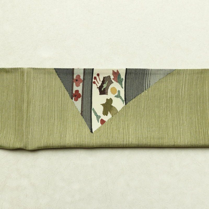 袋帯 太鼓柄 良品 一般用 正絹 花柄 帯 緑・うぐいす色_画像14