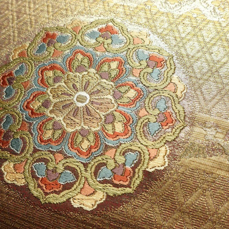 袋帯 六通柄 フォーマル用 正絹 幾何学柄・抽象柄 箔 帯 黄・黄土色_画像3