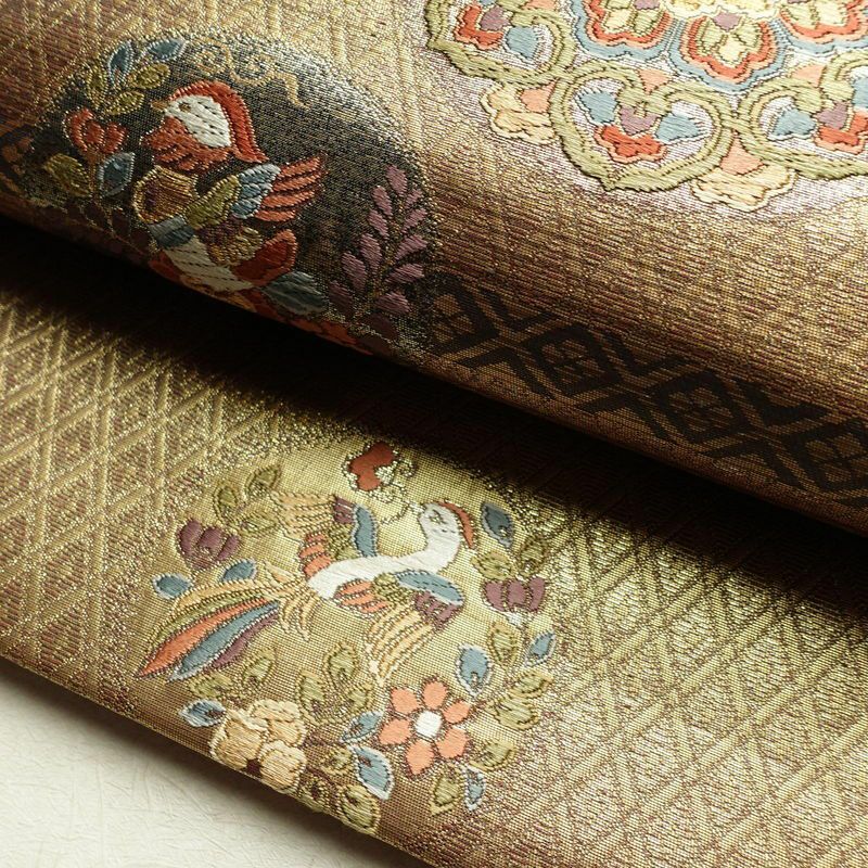 袋帯 六通柄 フォーマル用 正絹 幾何学柄・抽象柄 箔 帯 黄・黄土色_画像6
