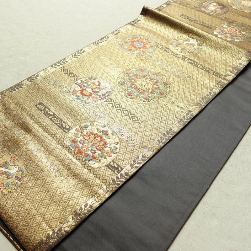 袋帯 六通柄 フォーマル用 正絹 幾何学柄・抽象柄 箔 帯 黄・黄土色_画像11