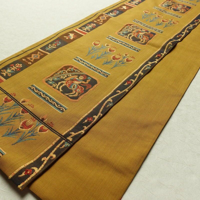 袋帯 六通柄 一般用 正絹 幾何学柄・抽象柄 帯 黄・黄土色_画像7