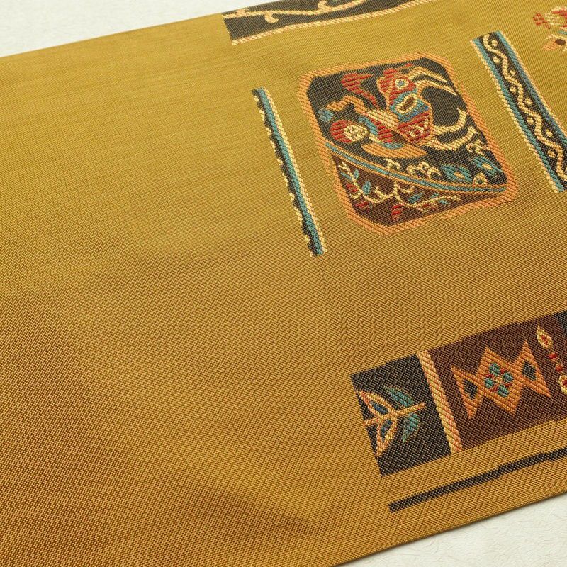 袋帯 六通柄 一般用 正絹 幾何学柄・抽象柄 帯 黄・黄土色_画像17