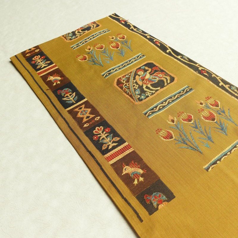 袋帯 六通柄 一般用 正絹 幾何学柄・抽象柄 帯 黄・黄土色_画像18