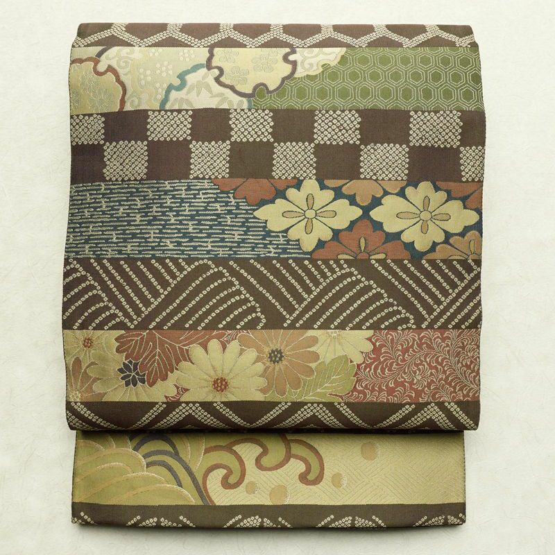 袋帯 本染麹塵 六通柄 良品 一般用 正絹 古典柄 帯 多色使い_画像1