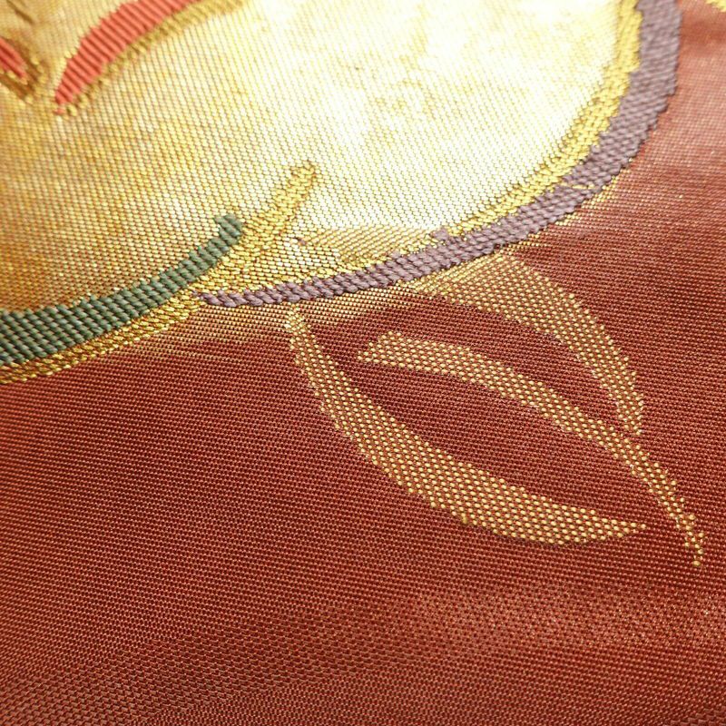 名古屋帯 太鼓柄 正絹 花柄 万寿菊 名古屋仕立て 箔 帯 茶_画像4