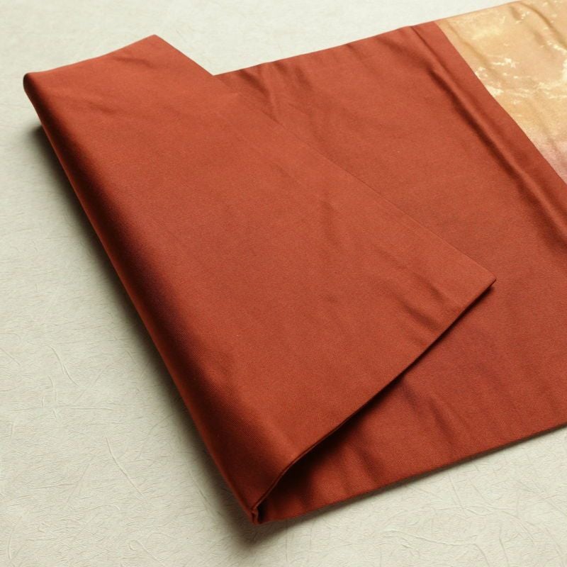 名古屋帯 太鼓柄 正絹 花柄 万寿菊 名古屋仕立て 箔 帯 茶_画像9