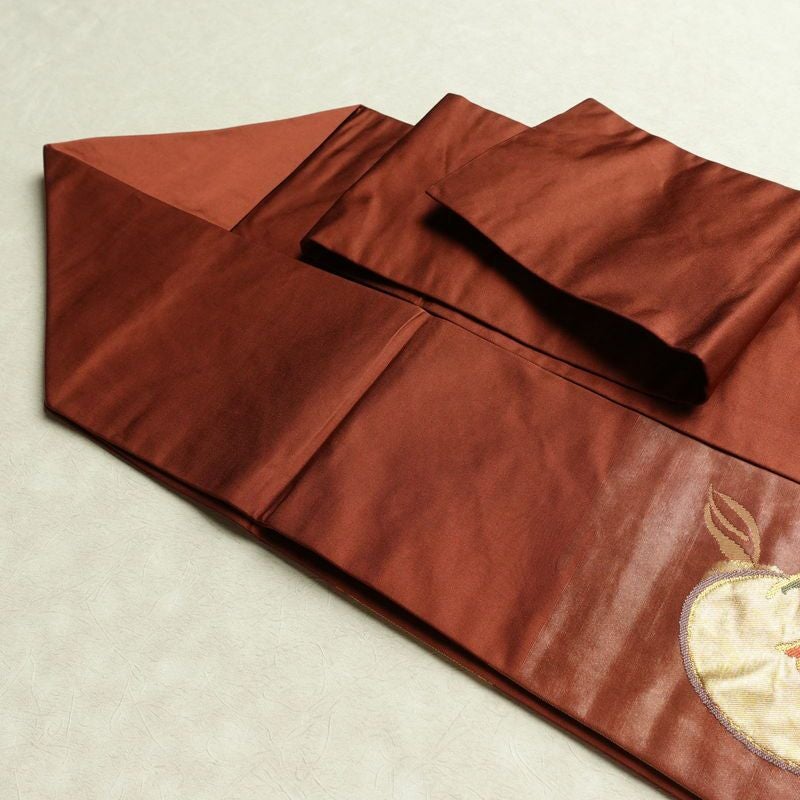 名古屋帯 太鼓柄 正絹 花柄 万寿菊 名古屋仕立て 箔 帯 茶_画像20