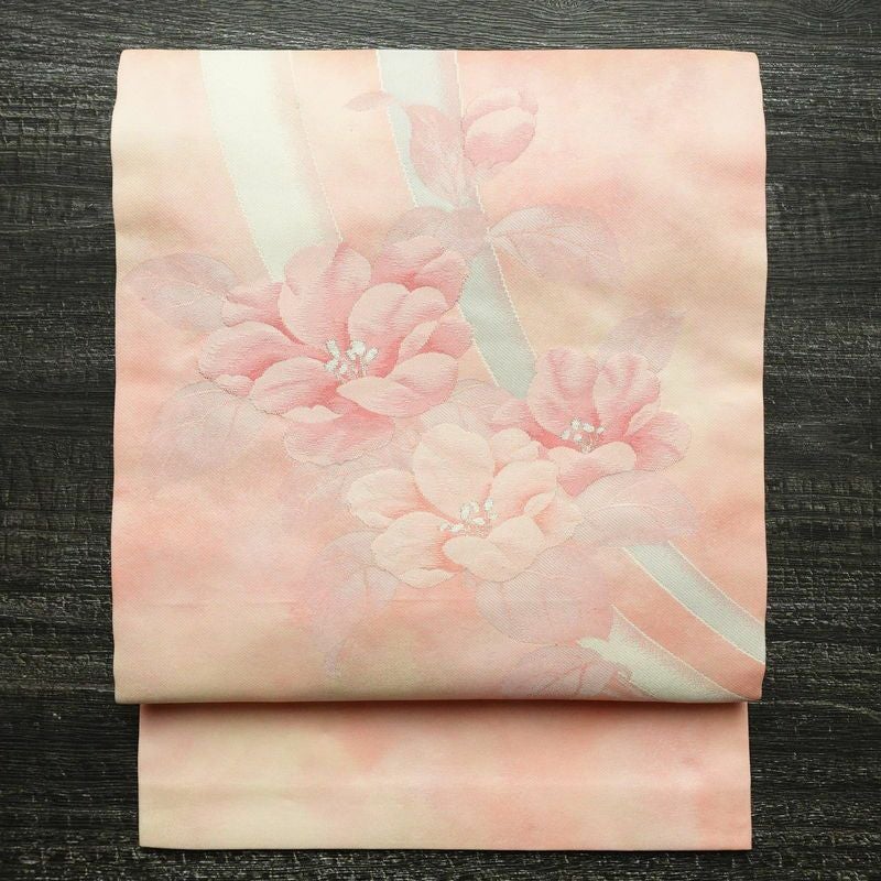 名古屋帯 太鼓柄 良品 正絹 花柄 名古屋仕立て 銀糸 ピンク_画像1