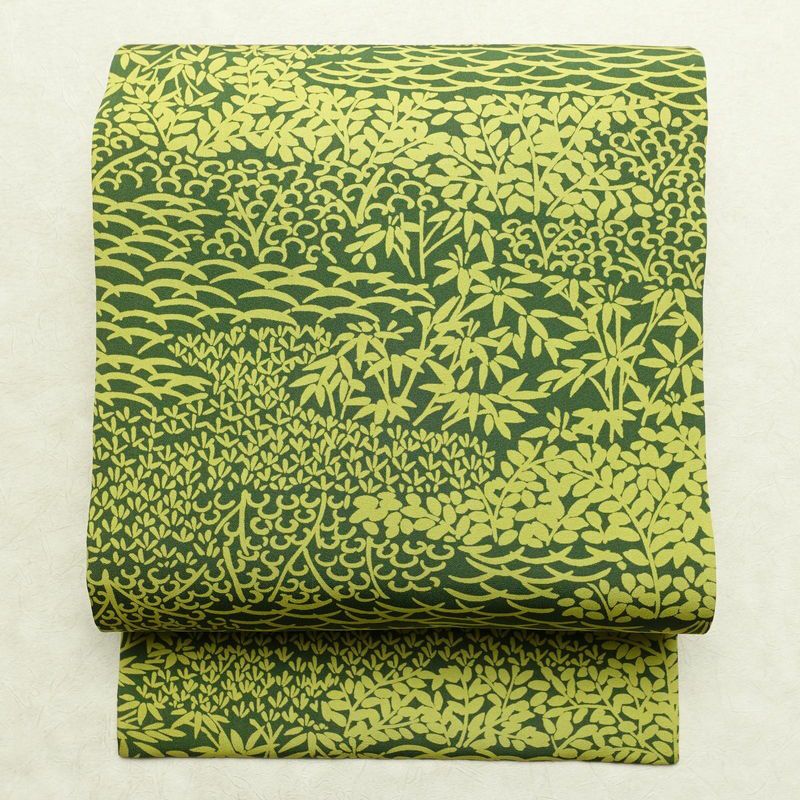 名古屋帯 全通柄 良品 縮緬 正絹 木の葉・植物柄 名古屋仕立て 帯 緑