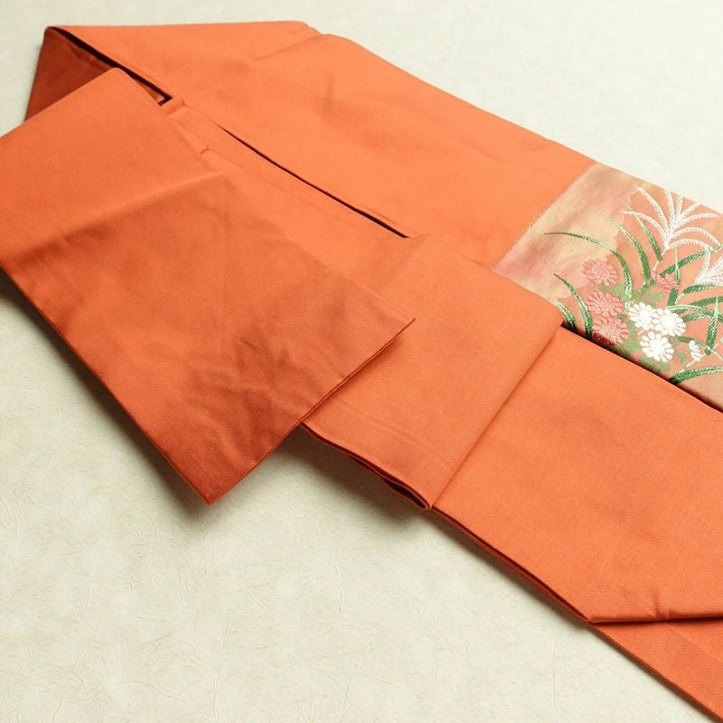 名古屋帯 太鼓柄 良品 正絹 木の葉・植物柄 名古屋仕立て 帯 ピンク_画像20