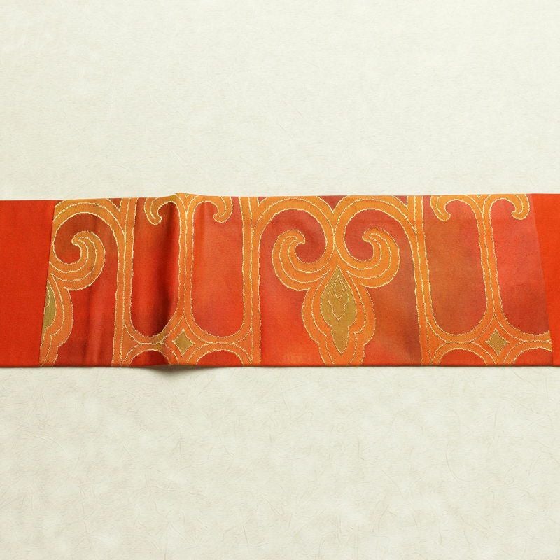 名古屋帯 太鼓柄 良品 正絹 幾何学柄・抽象柄 名古屋仕立て 箔 帯 橙_画像14