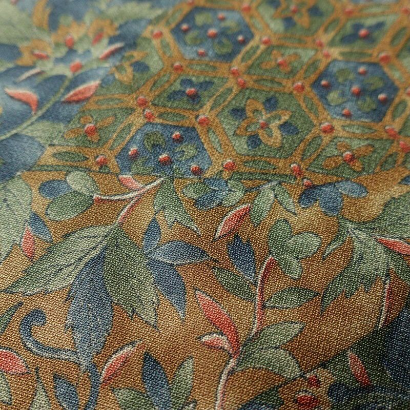 小紋 美品 しつけ糸付き 総柄 正絹 木の葉・植物柄 袷仕立て 身丈160.5cm 裄丈65cm 着物 緑・うぐいす色_画像9