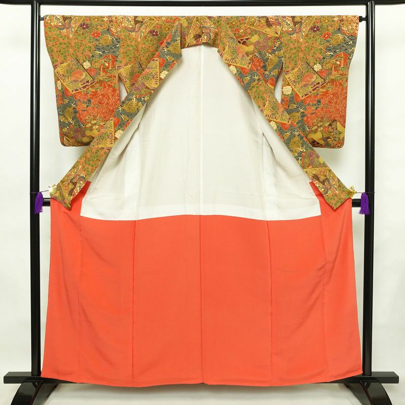 小紋 良品 縮緬 総柄 正絹 古典柄 袷仕立て 身丈159cm 裄丈65cm 着物 橙_画像3