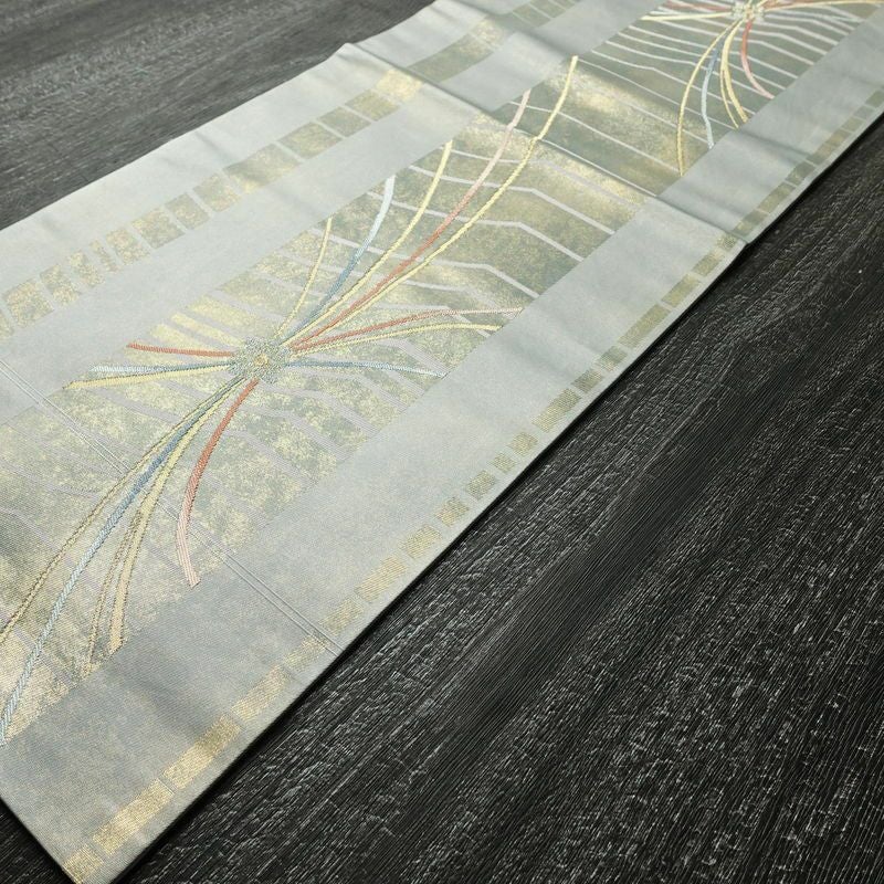 名古屋帯 太鼓柄 正絹 幾何学柄・抽象柄 名古屋仕立て 箔 金糸 帯 青・紺_画像8