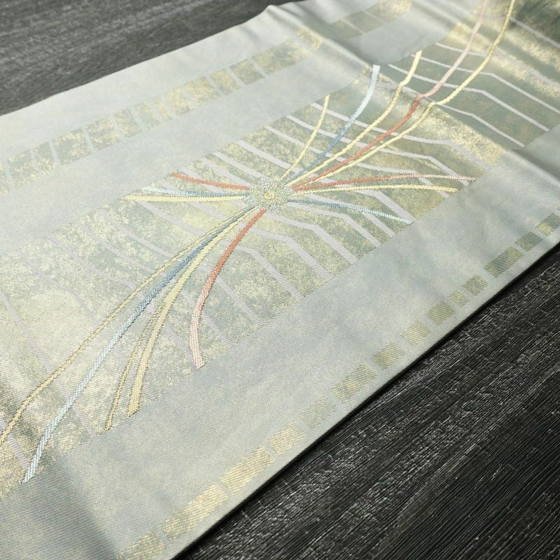 名古屋帯 太鼓柄 正絹 幾何学柄・抽象柄 名古屋仕立て 箔 金糸 帯 青・紺_画像10